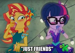 Size: 701x500 | Tagged: safe, edit, edited screencap, screencap, sci-twi, sunset shimmer, twilight sparkle, equestria girls, g4, my little pony equestria girls: legend of everfree, blushing, caption, discovery kids, image macro, out of context, text