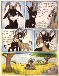 Size: 1080x1392 | Tagged: safe, artist:thefriendlyelephant, oc, oc only, oc:sabe, oc:uganda, antelope, giant sable antelope, comic:sable story, acacia tree, africa, animal in mlp form, comic, cute, horns, mountain, nuzzling, rock, savanna, snuggling, speech bubble, traditional art, tree, weapons-grade cute
