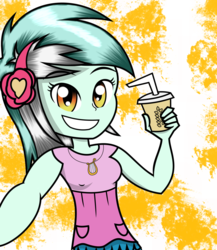 Size: 1024x1182 | Tagged: safe, artist:alligatorgummy, lyra heartstrings, equestria girls, g4, my little pony equestria girls: rainbow rocks, clothes, credits, cup, cute, drink, female, happy, headphones, jewelry, looking at you, lyrabetes, necklace, pendant, selfie, shine like rainbows, smiling, smiling at you, solo, straw