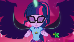 Size: 1279x719 | Tagged: safe, screencap, sci-twi, twilight sparkle, equestria girls, g4, my little pony equestria girls: legend of everfree, breasts, discovery kids, female, glasses, midnight sparkle, ponytail, solo, spread wings