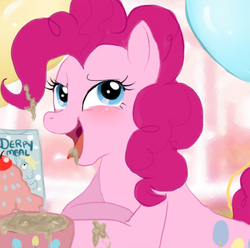 Size: 400x396 | Tagged: safe, artist:pinkamina-diane-pie, pinkie pie, g4, artifact, balloon, bowl, female, food, oatmeal, oats, solo, tongue out