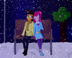 Size: 1487x1193 | Tagged: dead source, safe, artist:ultrard, cheese sandwich, pinkie pie, equestria girls, g4, bench, colored pupils, duo, equestria girls-ified, male, ship:cheesepie, shipping, snow, snowfall, straight, winter