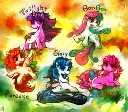 Size: 2000x1753 | Tagged: safe, artist:ouroporos, bon bon, galaxy (g1), glory, paradise, sweetie drops, twilight sparkle, twinkle eyed pony, g1, g4, g1 to g4, generation leap