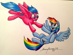 Size: 3264x2448 | Tagged: safe, artist:lunaraleaf, firefly, rainbow dash, g1, g4, flying, g1 to g4, generation leap, high res, traditional art