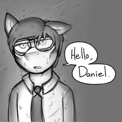 Size: 720x720 | Tagged: safe, artist:deyogee, derpibooru exclusive, semi-anthro, clothes, crossover, dialogue, glasses, h.p. lovecraft, herbert west, monochrome, ponified, rain, re-animator, solo