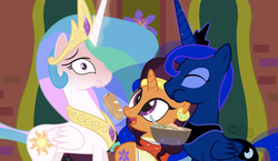 Size: 1140x660 | Tagged: safe, artist:dm29, princess celestia, princess luna, saffron masala, g4, ^^, cheek bulge, concave belly, eating, eyes closed, female, food, mare, peytral, royal sisters, siblings, sisters, slender, spicy, thin, trio
