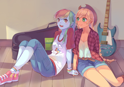 Size: 1247x882 | Tagged: safe, artist:usami, applejack, rainbow dash, equestria girls, g4, clothes, converse, electric guitar, female, guitar, lesbian, musical instrument, ship:appledash, shipping, shoes, sneakers