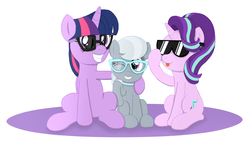 Size: 2322x1356 | Tagged: safe, artist:dopeedit, silver spoon, starlight glimmer, twilight sparkle, alicorn, pony, g4, glasses, implied sci-twi, simple background, sitting, sunglasses, tongue out, twilight sparkle (alicorn), white background