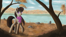 Size: 1280x720 | Tagged: safe, artist:ailynd, octavia melody, earth pony, pony, g4, autumn, clothes, female, lake, scarf, scenery, solo