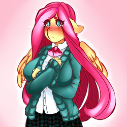 Size: 1024x1024 | Tagged: safe, artist:tolsticot, fluttershy, anthro, g4, arm under breasts, big breasts, blushing, breasts, busty fluttershy, clothes, colored sketch, crying, female, school uniform, solo