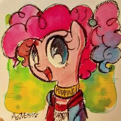Size: 1080x1080 | Tagged: safe, artist:agnesgarbowska, pinkie pie, g4, alternate hairstyle, clothes, collar, female, harley quinn, solo, suicide squad, traditional art, watercolor painting