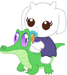 Size: 786x877 | Tagged: safe, artist:red4567, gummy, pony, g4, baby, baby goat, baby pony, crossover, cute, pacifier, ponies riding gators, ponified, riding, toriel, undertale