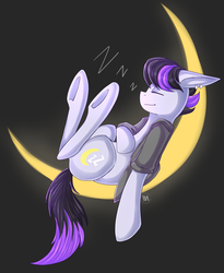 Size: 1152x1405 | Tagged: safe, artist:meewin, oc, oc only, oc:snoozey, clothes, jacket, moon, sleeping, solo, tangible heavenly object, zzz