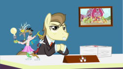 Size: 3051x1718 | Tagged: safe, artist:punzil504, idw, screencap, hayseed turnip truck, earth pony, pony, apple family reunion, g4, bucktooth, business suit, discord lamp, major award, male, solo, stallion