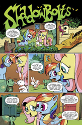 Size: 663x1019 | Tagged: safe, artist:andypriceart, idw, official comic, angel bunny, fluttershy, rainbow dash, tank, dog, giraffe, pegasus, pony, rabbit, tortoise, g4, spoiler:comic, spoiler:guardians of harmony, animal, comic, female, guardians of harmony, mare, preview, speech bubble