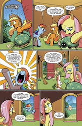 Size: 636x978 | Tagged: safe, artist:andy price, idw, official comic, angel bunny, applejack, fluttershy, rainbow dash, tank, earth pony, pegasus, pony, tortoise, vulture, g4, spoiler:comic, spoiler:guardians of harmony, comic, eyeroll, female, fluttershy is not amused, guardians of harmony, mare, preview, speech bubble, unamused