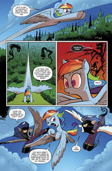 Size: 636x978 | Tagged: safe, artist:andypriceart, idw, official comic, nightshade, rainbow dash, pegasus, pony, g4, spoiler:comic, spoiler:guardians of harmony, clothes, comic, costume, dialogue, disguise, disguised changeling, female, flying, forest, guardians of harmony, mare, preview, shadowbolts, shadowbolts costume, speech bubble