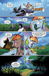 Size: 636x978 | Tagged: safe, artist:andy price, idw, official comic, nightshade, rainbow dash, pegasus, pony, g4, spoiler:comic, spoiler:guardians of harmony, bonk, canterlot, circling stars, clothes, comic, costume, dialogue, disguise, disguised changeling, female, flying, forest, guardians of harmony, mare, preview, shadowbolts, shadowbolts costume, speech bubble, swirly eyes