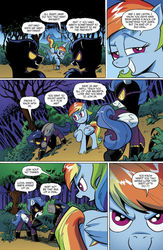 Size: 636x978 | Tagged: safe, artist:andy price, idw, official comic, nightshade, rainbow dash, pegasus, pony, g4, spoiler:comic, spoiler:guardians of harmony, clothes, comic, costume, dialogue, disguise, disguised changeling, female, forest, guardians of harmony, mare, preview, shadowbolts, shadowbolts costume, speech bubble