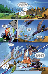 Size: 636x978 | Tagged: safe, artist:andy price, idw, official comic, nightshade, rainbow dash, pegasus, pony, g4, spoiler:comic, spoiler:guardians of harmony, clothes, comic, costume, dialogue, disguise, disguised changeling, female, flying, guardians of harmony, mare, preview, shadowbolts, shadowbolts costume, speech bubble