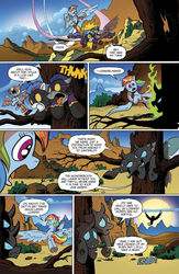 Size: 636x978 | Tagged: safe, artist:andy price, idw, official comic, nightshade, rainbow dash, changeling, pegasus, pony, g4, spoiler:comic, spoiler:guardians of harmony, clothes, comic, costume, disguise, disguised changeling, female, flying, guardians of harmony, mare, preview, shadowbolts, shadowbolts costume, speech bubble