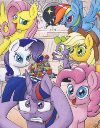 Size: 3270x4170 | Tagged: safe, artist:xeviousgreenii, applejack, fluttershy, pinkie pie, rainbow dash, rarity, spike, twilight sparkle, g4, gem, mane seven, mane six, telescope, traditional art