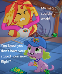 Size: 612x724 | Tagged: safe, edit, edited screencap, screencap, spike, spike the regular dog, sunset shimmer, dog, equestria girls, g4, my little pony equestria girls: legend of everfree, discovery kids