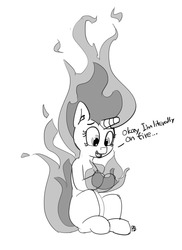 Size: 1280x1757 | Tagged: safe, artist:pabbley, twilight sparkle, g4, dialogue, female, looking down, mane of fire, monochrome, open mouth, rapidash twilight, simple background, sitting, smiling, solo, this is fine