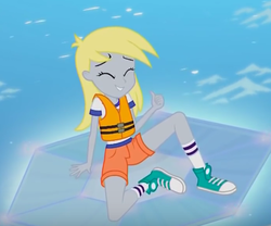 Size: 464x386 | Tagged: safe, screencap, derpy hooves, equestria girls, g4, my little pony equestria girls: legend of everfree, clothes, converse, cropped, female, lifejacket, shoes, sneakers, solo, water