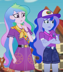 Size: 324x370 | Tagged: safe, screencap, princess celestia, princess luna, principal celestia, vice principal luna, equestria girls, g4, my little pony equestria girls: legend of everfree, cropped, duo, duo female, female, hat, scout uniform, siblings, sisters, worried