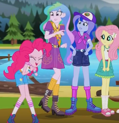 Size: 539x557 | Tagged: safe, screencap, fluttershy, pinkie pie, princess celestia, princess luna, principal celestia, vice principal luna, equestria girls, g4, my little pony equestria girls: legend of everfree, balloon, baseball cap, boots, bracelet, camp everfree outfits, cap, clothes, confused, crescent moon, cropped, cutie mark, cutie mark accessory, cutie mark hair accessory, cutie mark on clothes, female, girl scout uniform, hair accessory, hand on hip, hat, high heel boots, irrational exuberance, jewelry, knees pressed together, kneesocks, merit badge, moon, needs more jpeg, pinkie being pinkie, recoil, sash, scarf, shoes, shorts, smiling, socks, standing, standing on one leg, sun, worried