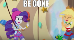 Size: 675x369 | Tagged: safe, edit, edited screencap, screencap, applejack, rarity, equestria girls, g4, my little pony equestria girls: legend of everfree, discovery kids, force field, impact font, text edit