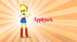 Size: 1324x730 | Tagged: safe, applejack, equestria girls, g4, boots, clothes, cowboy boots, cowboy hat, female, hand on hip, hat, looking at you, music video, orange background, simple background, skirt, solo, sparkles