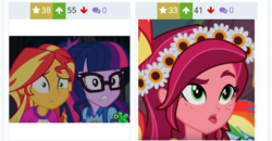 Size: 720x373 | Tagged: safe, edit, edited screencap, screencap, gloriosa daisy, sci-twi, sunset shimmer, twilight sparkle, derpibooru, equestria girls, g4, my little pony equestria girls: legend of everfree, juxtaposition, meta