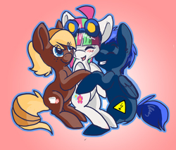 Size: 680x578 | Tagged: safe, artist:indiefoxtail, blossomforth, oc, oc:coffee, oc:tesla, earth pony, pegasus, pony, g4, goggles, hug