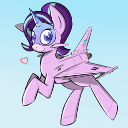 Size: 1500x1500 | Tagged: safe, artist:pandramodo, starlight glimmer, original species, plane pony, pony, cute, equal sign, eurofighter typhoon, female, glimmerbetes, heart, looking at you, plane, planeified, puns in the comments, smiling, solo, species swap