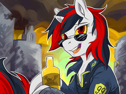 Size: 1280x958 | Tagged: safe, artist:halley-valentine, oc, oc only, oc:blackjack, pony, unicorn, fallout equestria, fallout equestria: project horizons, alcohol, bottle, clothes, colored sclera, glasses, male, open mouth, solo, stallion, sunglasses, vault security armor, whiskey, yellow sclera