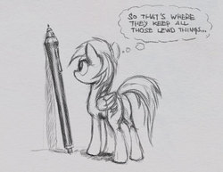 Size: 720x555 | Tagged: safe, artist:el-yeguero, rainbow dash, pegasus, pony, g4, butt, female, folded wings, looking at something, mare, monochrome, pen, plot, sketch, solo, stylus, thought bubble