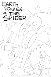 Size: 800x1200 | Tagged: safe, artist:unsavorydom, daisy, flower wishes, lily, lily valley, roseluck, earth pony, giant spider, pony, spider, g4, arachnophobia, fainted, female, flower trio, mare, monochrome, movie poster, scared, sketch, the horror