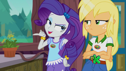 Size: 1280x720 | Tagged: safe, screencap, applejack, rarity, equestria girls, g4, my little pony equestria girls: legend of everfree, discovery kids, wet hair