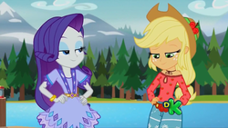 Size: 1280x720 | Tagged: safe, screencap, applejack, rarity, equestria girls, g4, my little pony equestria girls: legend of everfree, camp fashion show outfit, discovery kids, smugity