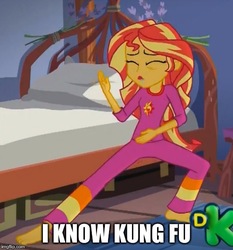 Size: 500x537 | Tagged: safe, edit, edited screencap, screencap, sunset shimmer, equestria girls, g4, my little pony equestria girls: legend of everfree, barefoot, bed, caption, clothes, cropped, discovery kids, drool, feet, female, image macro, kung fu shimmer, legend of everfeet, meme, pajamas, solo, sunset's sleepfighting, the matrix
