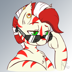 Size: 1000x1000 | Tagged: safe, artist:curiouskeys, oc, oc only, oc:zeze, zebra, bust, colored pupils, commission, gages, piercing, solo, sunglasses