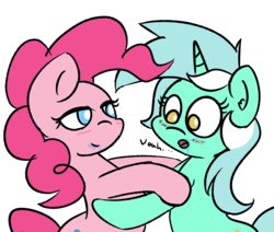 Size: 1480x1257 | Tagged: safe, artist:davierocket, lyra heartstrings, pinkie pie, pony, g4, bedroom eyes, blushing, drool, female, lesbian, mare, open mouth, ship:lyrapie, shipping, text