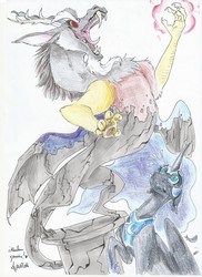 Size: 1700x2338 | Tagged: safe, artist:guille832, artist:thelionmedal, discord, nightmare moon, g4, alternate ending, alternate universe, bad end, badass, laughing mad, scared, simple background, statue, traditional art