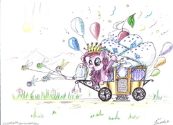 Size: 1723x1248 | Tagged: safe, artist:sweeterwho, pinkie pie, parasprite, g4, balloon, bierzcie i rysujcie, candy, candy cane, carriage, crown, cupcake, food, jewelry, queen, regalia, traditional art