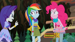 Size: 1280x720 | Tagged: safe, screencap, pinkie pie, rainbow dash, rarity, equestria girls, g4, my little pony equestria girls: legend of everfree, camp fashion show outfit, discovery kids, faic, female