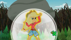 Size: 1280x720 | Tagged: safe, screencap, applejack, equestria girls, g4, my little pony equestria girls: legend of everfree, boulder, camp fashion show outfit, discovery kids, female, solo