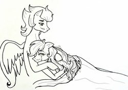 Size: 3679x2595 | Tagged: safe, artist:moonlightprincess002, rainbow dash, soarin', pony, g4, blanket, comforting, cuddling, high res, hug, male, monochrome, ship:soarindash, shipping, sleeping, snuggling, straight