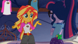 Size: 500x281 | Tagged: safe, screencap, sci-twi, sunset shimmer, twilight sparkle, equestria girls, g4, my little pony equestria girls: legend of everfree, animated, cute, discovery kids, extreme speed animation, female, gif